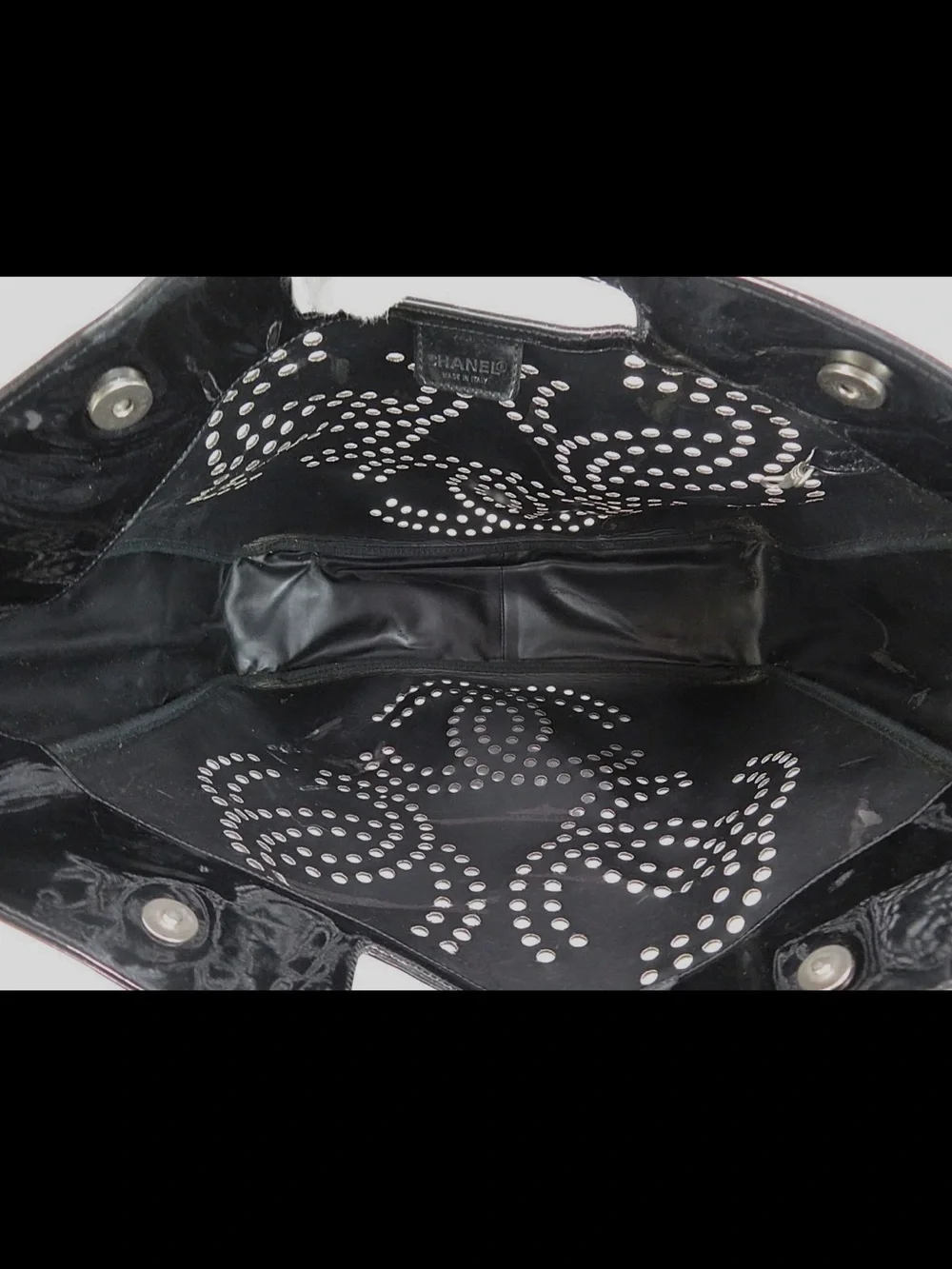 CHANEL Black Patent Stud-Embellished Tote with Matching Pouch